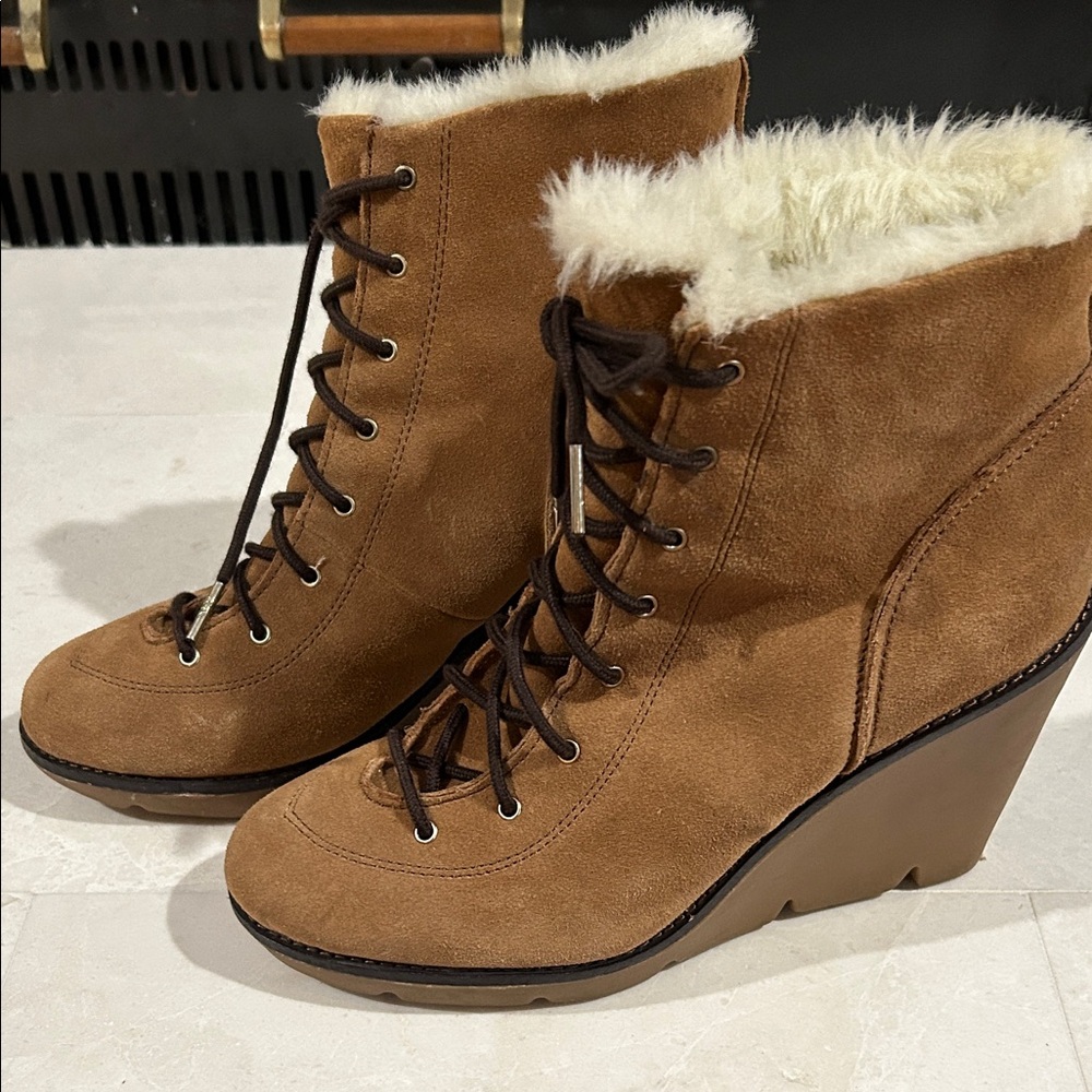 Michael Kors Tan Suede Lace-Up Wedge Boots